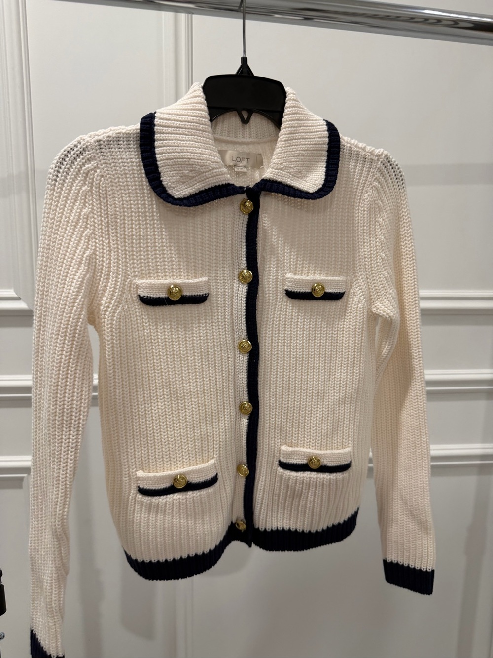 LOFT Cream Knit Cardigan with Navy Trim and Gold Buttons